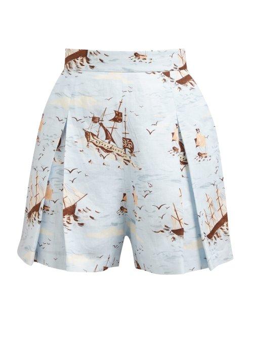 Matchesfashion.com Emilia Wickstead - Leslie Ship Print High Rise Poplin Shorts - Womens - Blue Print