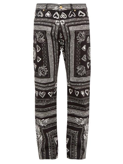 Matchesfashion.com Versace - Heart And Greca Print Cotton Blend Jeans - Mens - Black