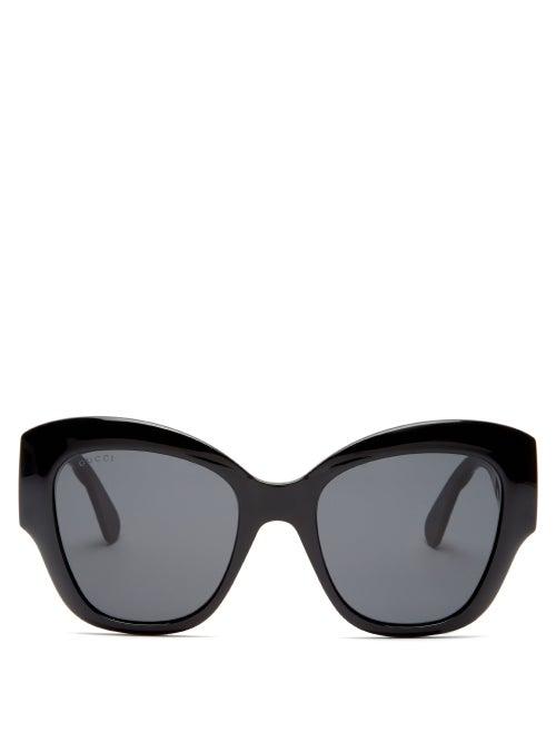 Matchesfashion.com Gucci - Gg-logo Quilted Cat-eye Acetate Sunglasses - Womens - Black Grey