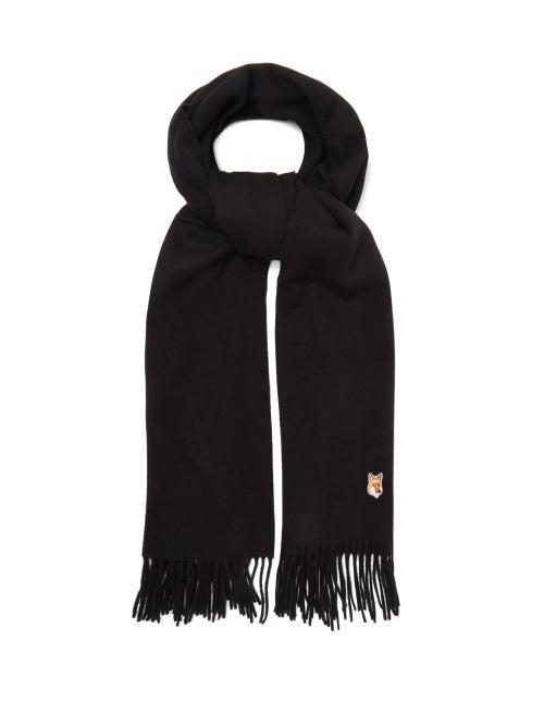 Matchesfashion.com Maison Kitsun - Fox Head-appliqu Fringed Wool Scarf - Mens - Black