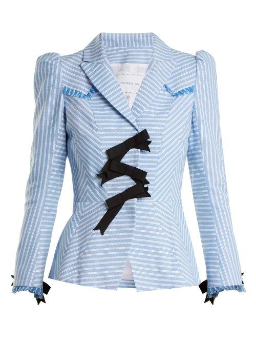 Matchesfashion.com Andrew Gn - Striped Bow Embellished Cotton Jacket - Womens - Blue White