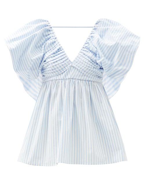 Matchesfashion.com Carolina Herrera - Puff-sleeve Pleated V-neck Stripe Cotton-blend Top - Womens - Blue White