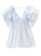 Matchesfashion.com Carolina Herrera - Puff-sleeve Pleated V-neck Stripe Cotton-blend Top - Womens - Blue White