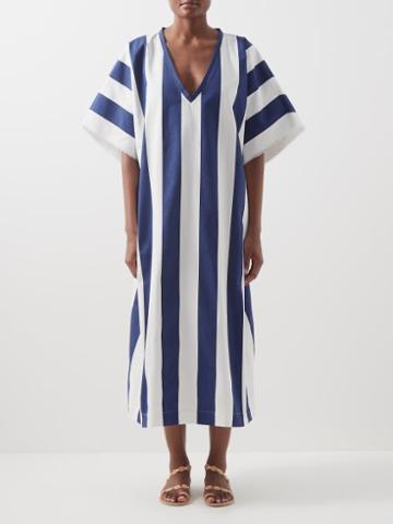 Les Vacances D'irina - Striped V-neck Cotton Kaftan Dress - Womens - Navy White