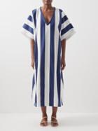 Les Vacances D'irina - Striped V-neck Cotton Kaftan Dress - Womens - Navy White