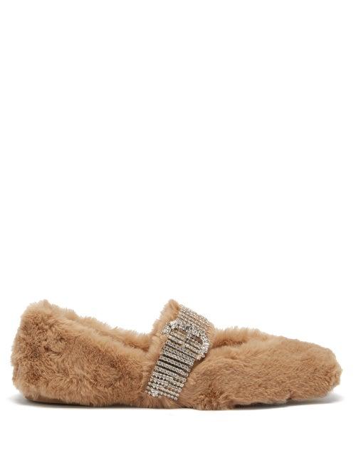 Jimmy Choo - Krista Crystal-embellished Faux-shearling Flats - Womens - Beige