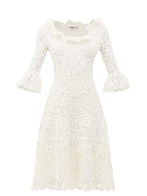 Matchesfashion.com Alexander Mcqueen - Fluted-sleeve Crochet-knit Midi Dress - Womens - Ivory