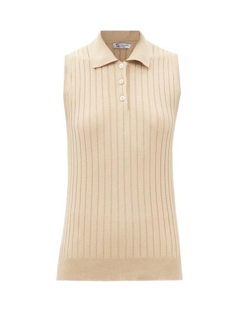 Johnstons Of Elgin - Ribbed-knit Cotton Sleeveless Polo Shirt - Womens - Light Grey