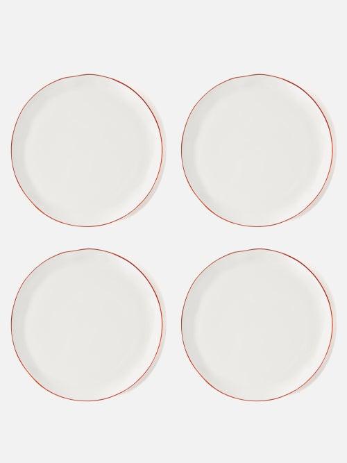 Feldspar - Set Of Four Painted-rim Fine China Dinner Plates - Red White