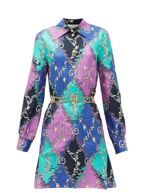 Matchesfashion.com Gucci - Gg Diamond-print Silk-twill Mini Dress - Womens - Purple Multi