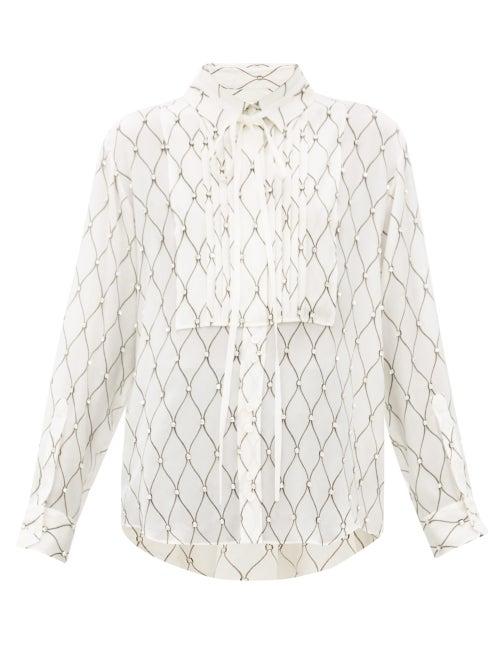 Matchesfashion.com Burberry - Fishnet Print Silk Crepe Blouse - Womens - White