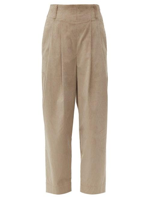 Matchesfashion.com Brunello Cucinelli - High Rise Cotton Blend Corduroy Trousers - Womens - Beige
