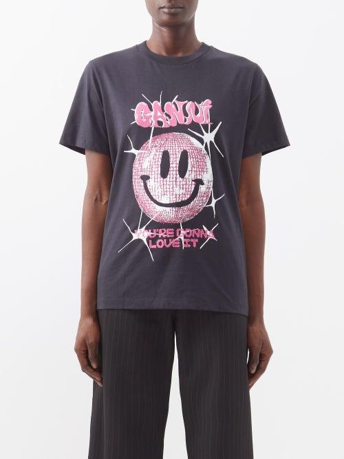 Ganni - Smiley Face Logo Jersey T-shirt - Womens - Black Pink