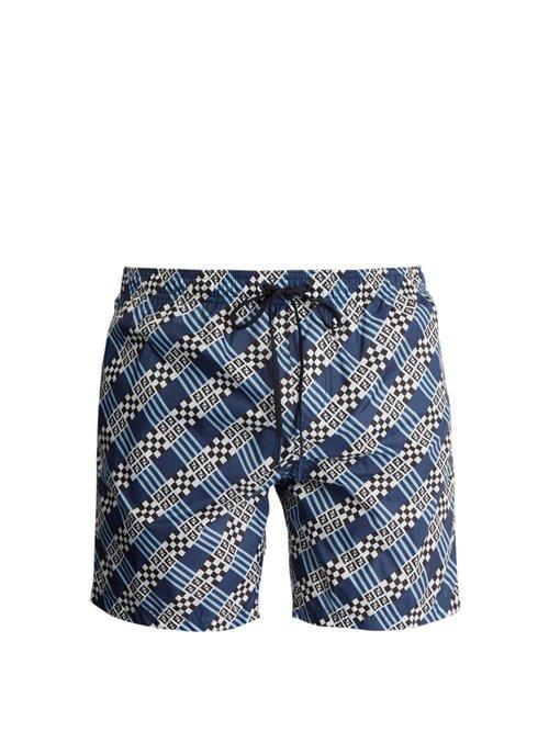 Matchesfashion.com Fendi - Logo And Geometric Print Swim Shorts - Mens - Blue Multi
