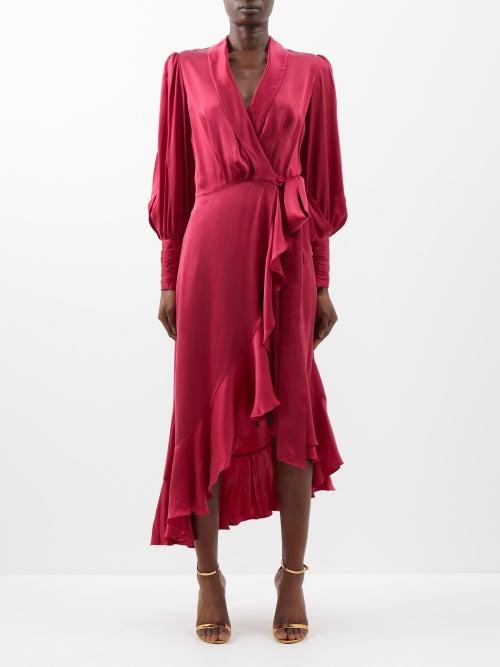 Zimmermann - Ruffled Asymmetric Silk-satin Wrap Dress - Womens - Dark Red