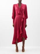 Zimmermann - Ruffled Asymmetric Silk-satin Wrap Dress - Womens - Dark Red