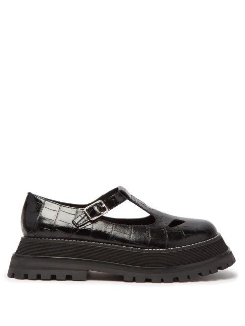 Matchesfashion.com Burberry - Aldwych Crocodile Embossed Leather Mary Jane Flats - Womens - Black