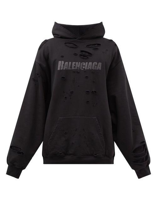 Balenciaga - Logo-print Distressed Jersey Hooded Sweatshirt - Mens - Black Grey