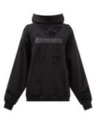 Balenciaga - Logo-print Distressed Jersey Hooded Sweatshirt - Mens - Black Grey
