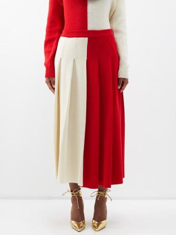 Gucci - Colour-block Pleated Wool Midi Skirt - Womens - Red Cream