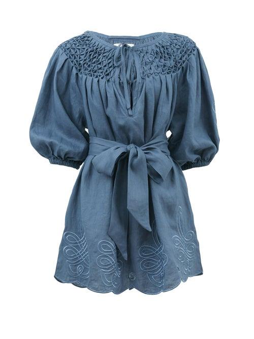 Matchesfashion.com Innika Choo - Hans Ufmafrok Embroidered Linen Mini Dress - Womens - Navy