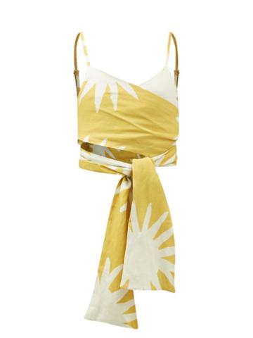 Cala De La Cruz - Sofia Starburst-print Linen Crop Top - Womens - Yellow White