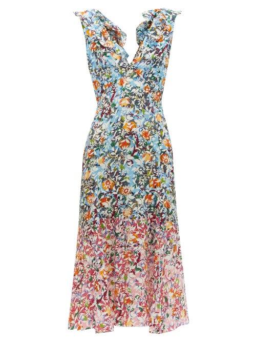Matchesfashion.com Saloni - Holly Floral Print Silk Crepe Dress - Womens - Blue Multi