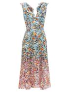Matchesfashion.com Saloni - Holly Floral Print Silk Crepe Dress - Womens - Blue Multi