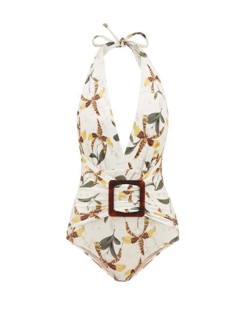 Matchesfashion.com Adriana Degreas - Halterneck Leopard Orchid-print Swimsuit - Womens - White Print