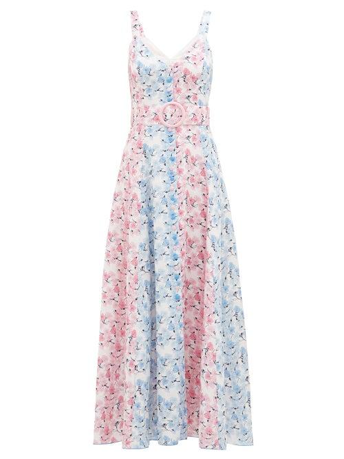 Matchesfashion.com Gl Hrgel - Belted Floral-print Linen Dress - Womens - Blue Multi