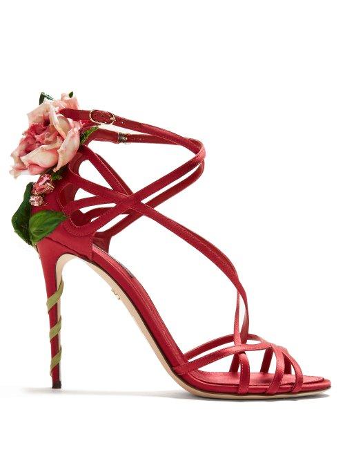Matchesfashion.com Dolce & Gabbana - Keira Rose Applique Satin Stiletto Sandals - Womens - Red