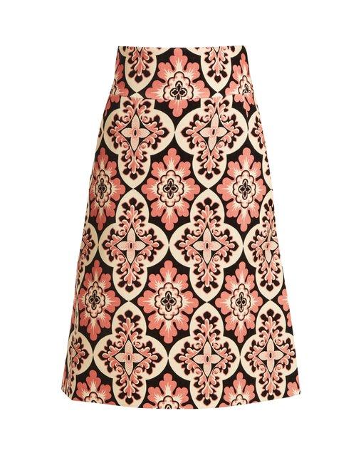 Matchesfashion.com La Doublej - Tile Print A Line Cotton Velvet Skirt - Womens - Pink Multi