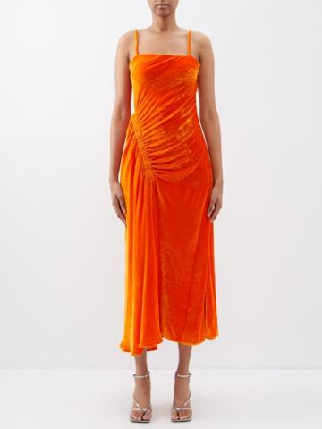 Proenza Schouler - Ruched Velvet Midi Dress - Womens - Orange