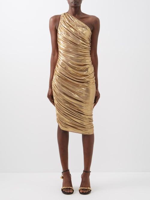 Norma Kamali - Diana One-shoulder Ruched Lam Dress - Womens - Gold