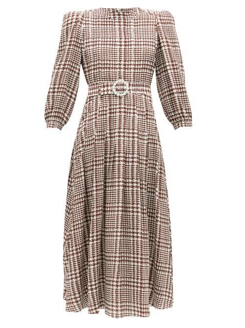 Matchesfashion.com Alessandra Rich - Crystal-belt Pleated Houndstooth Silk Midi Dress - Womens - Brown White