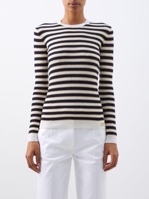 Valentino - Logo-embroidered Lam-stripe Sweater - Womens - Navy Stripe