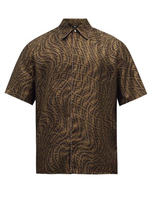 Mens Rtw Fendi - Ff Vertigo-print Silk Shirt - Mens - Brown Multi