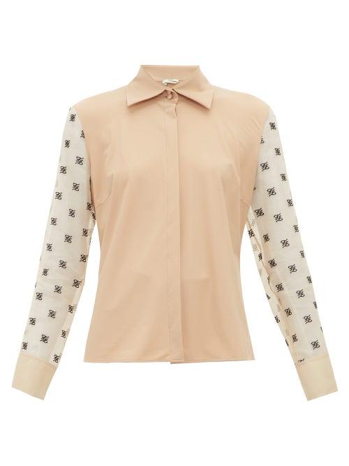 Matchesfashion.com Fendi - Logo Embroidered Organza Sleeve Shirt - Womens - Beige