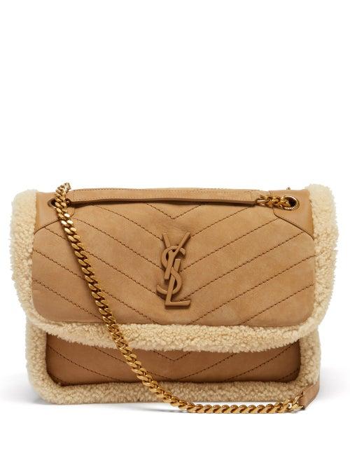 Saint Laurent - Niki Shearling-trim Suede Shoulder Bag - Womens - Tan White