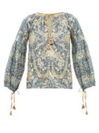 D'ascoli - Xanadu Floral-print Cotton-khadi Blouse - Womens - Blue Multi
