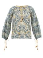 D'ascoli - Xanadu Floral-print Cotton-khadi Blouse - Womens - Blue Multi