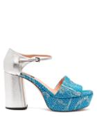 Matchesfashion.com Rochas - Brocade And Leather Platform Sandals - Womens - Blue Multi