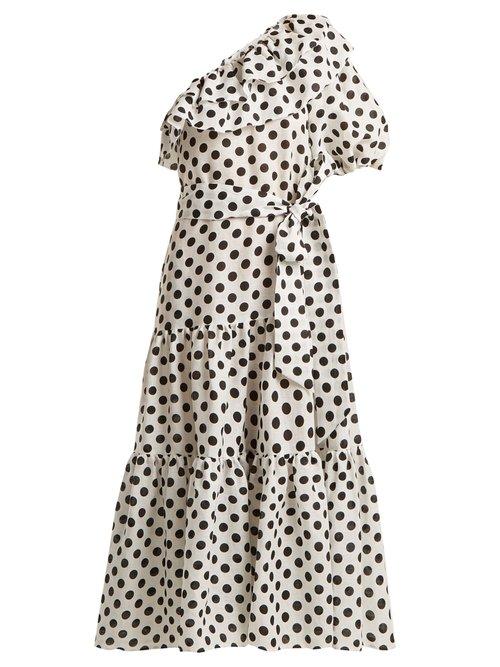 Matchesfashion.com Lisa Marie Fernandez - Arden One Shoulder Polka Dot Linen Dress - Womens - White Black