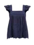 Matchesfashion.com Juliet Dunn - Ruffle-sleeve Floral-embroidered Cotton Top - Womens - Navy
