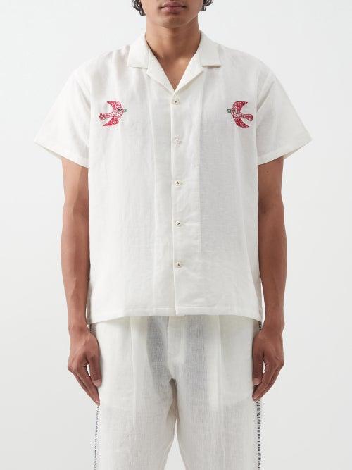 Harago - Bright Day Kantha-embroidered Linen-voile Shirt - Mens - Cream Multi