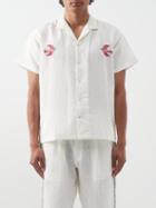 Harago - Bright Day Kantha-embroidered Linen-voile Shirt - Mens - Cream Multi