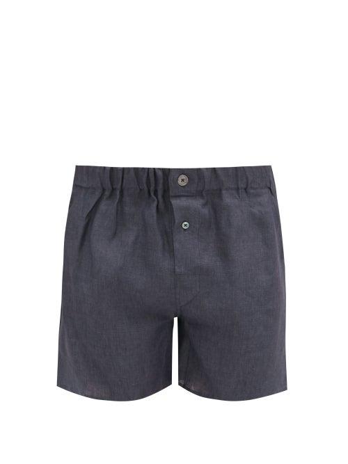 Matchesfashion.com Emma Willis - Slim-fit Linen Boxer Shorts - Mens - Dark Grey