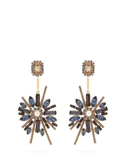 Matchesfashion.com Erdem - Bloom Crystal Embellished Clip Earrings - Womens - Blue