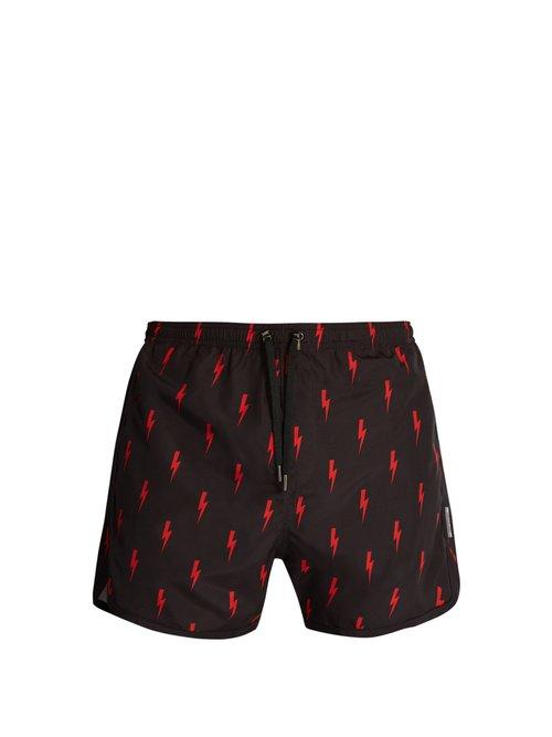 Matchesfashion.com Neil Barrett - Lightning Bolt Print Swim Shorts - Mens - Black Multi