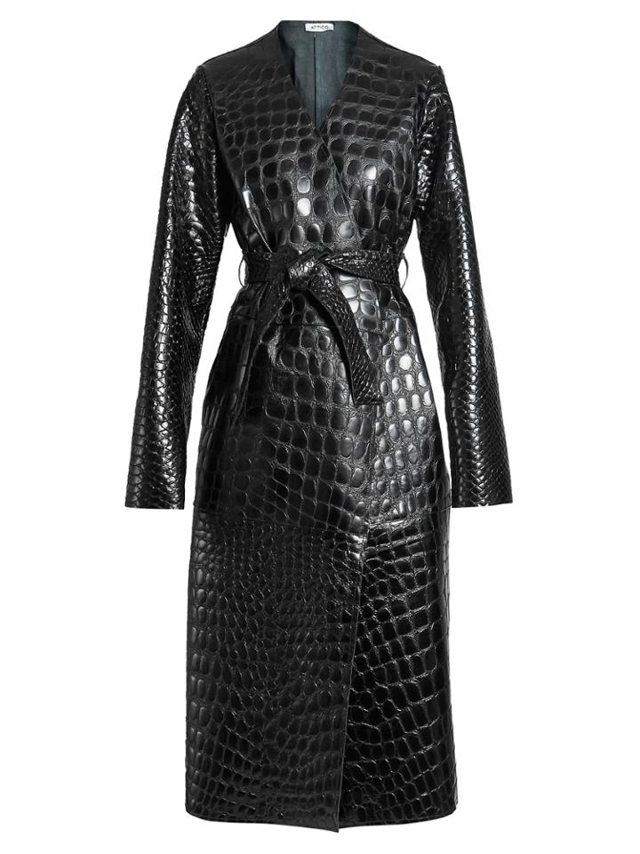 Attico Collarless Crocodile-effect Coat